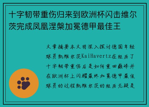 十字韧带重伤归来到欧洲杯闪击维尔茨完成凤凰涅槃加冕德甲最佳王