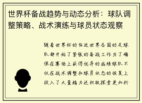 世界杯备战趋势与动态分析：球队调整策略、战术演练与球员状态观察